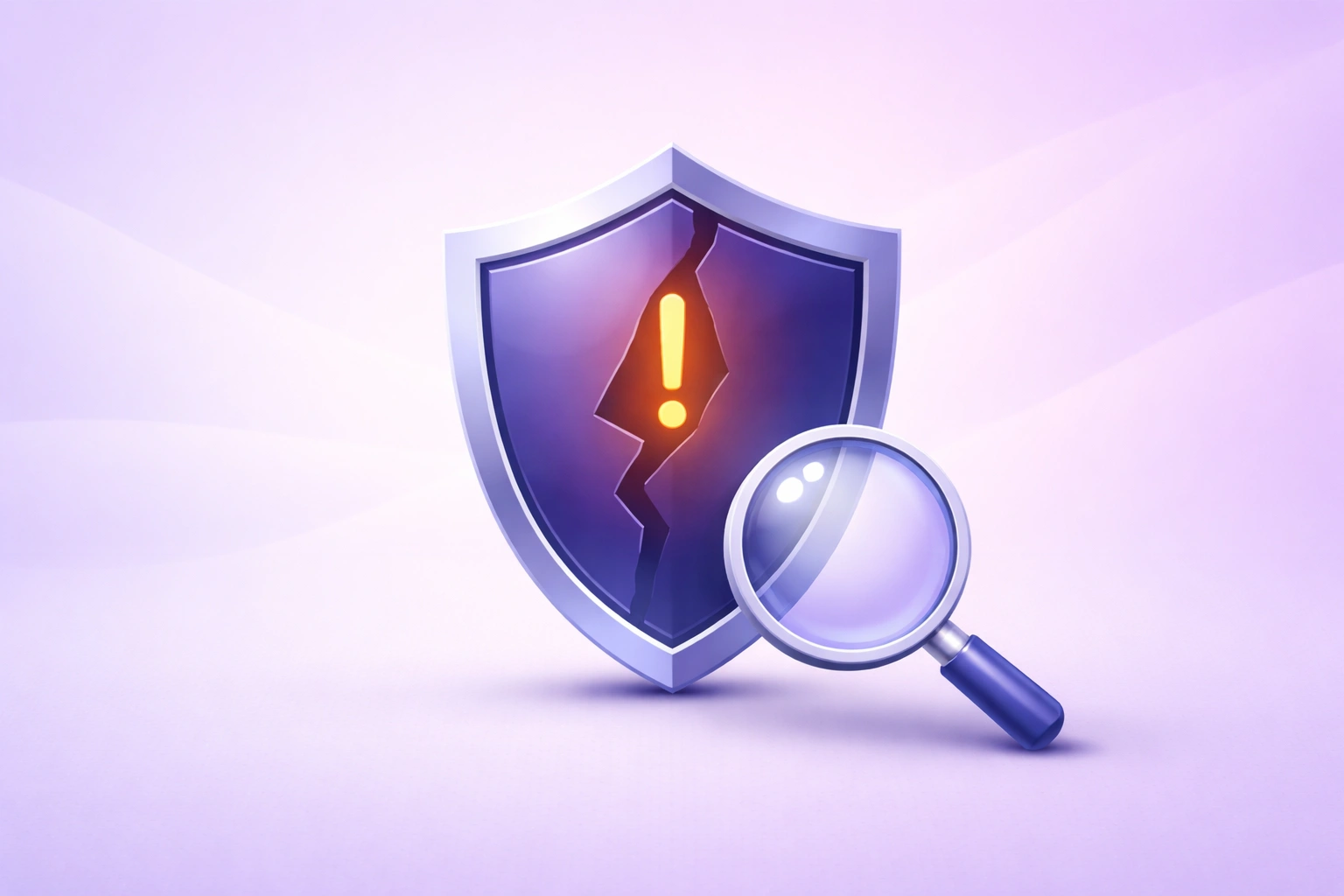3D shield icon with a warning symbol on a soft purple gradient background