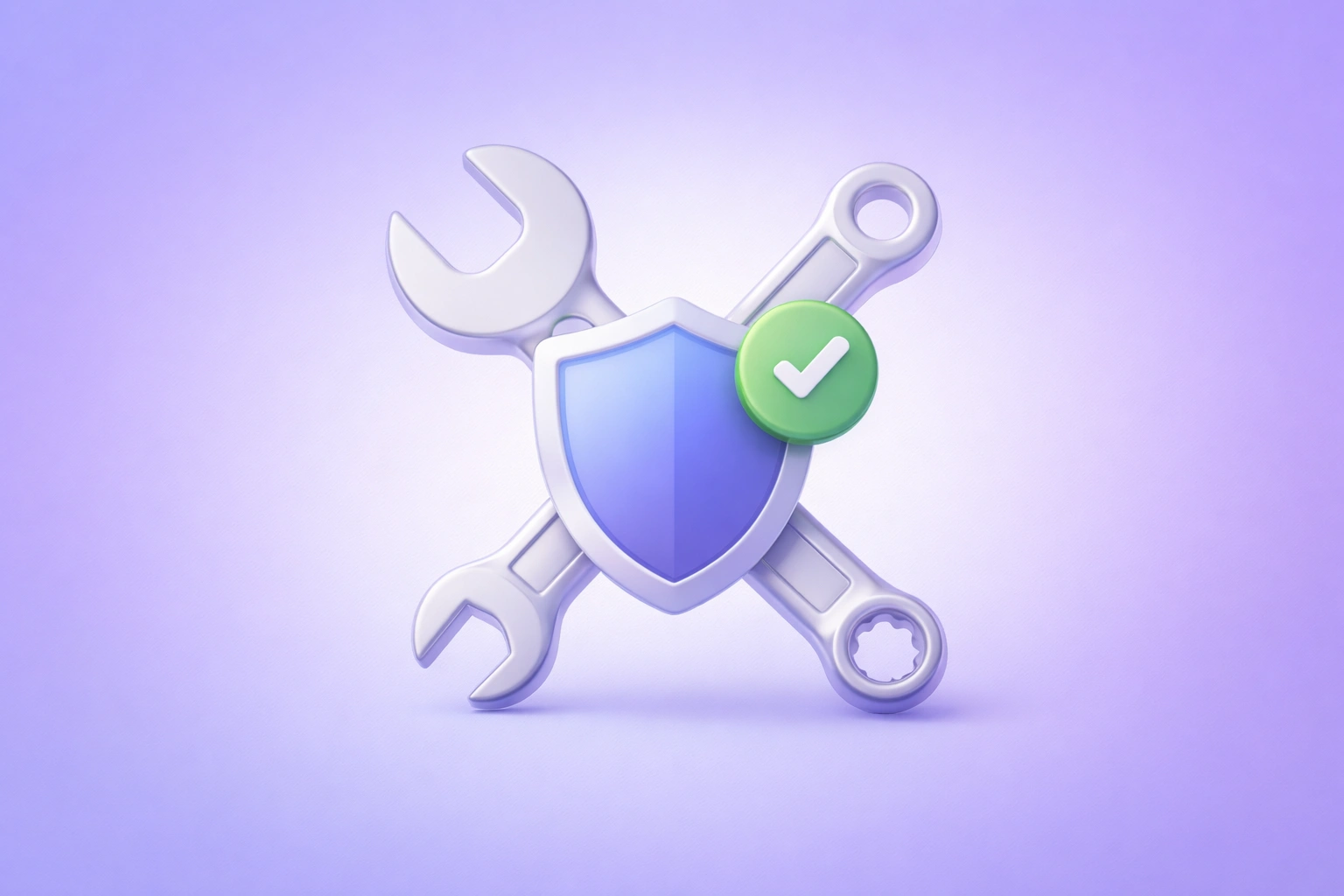 3D wrench and shield icon with a checkmark on a soft purple gradient background, representing warranty claims processing and automation