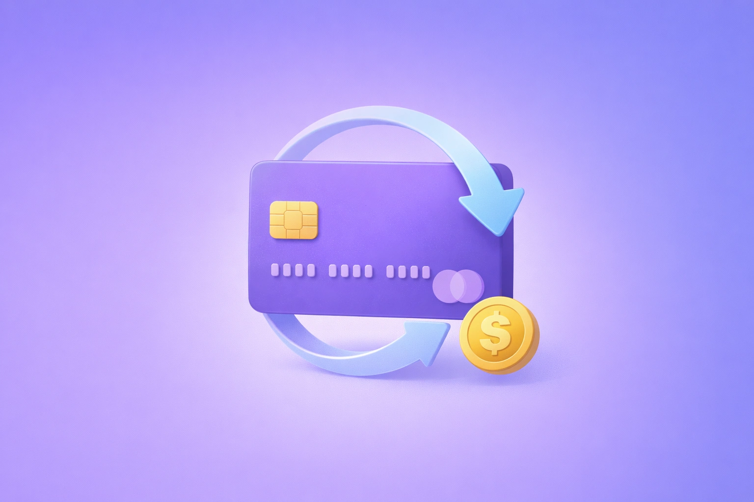 3D credit card with a circular arrow icon and dollar sign on a soft purple gradient background, representing payment reversals and chargebacks
