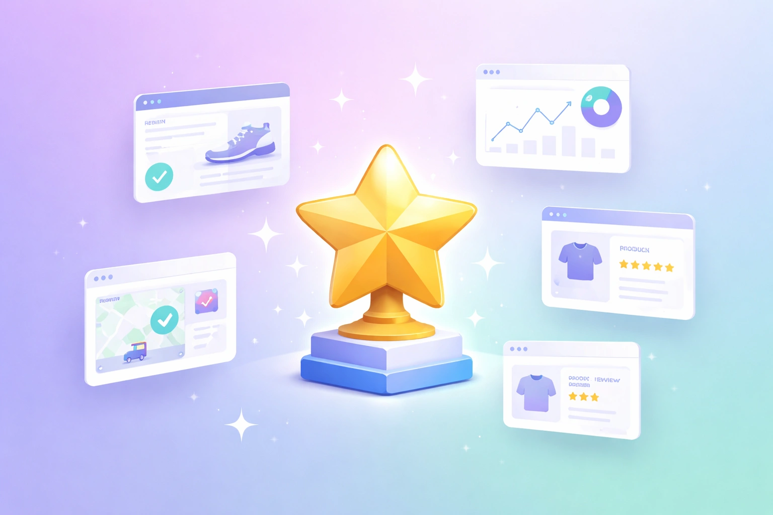 3D star rating icon with software windows on a soft purple gradient background