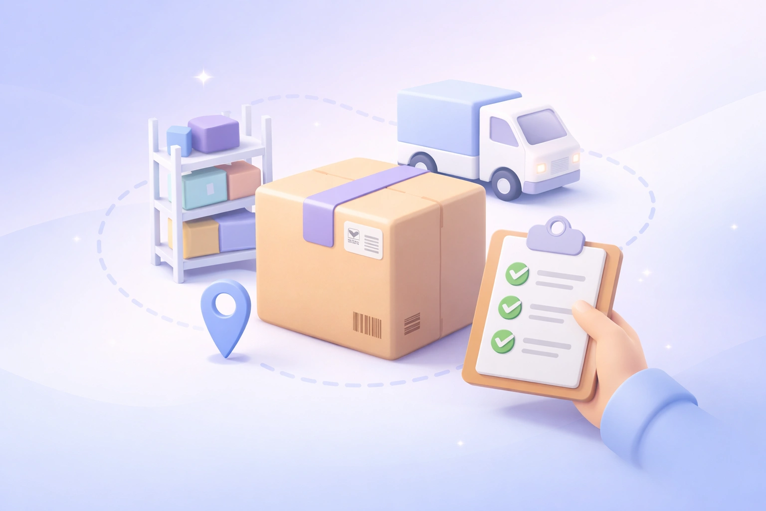 3D logistics network icon with connected nodes on a soft purple gradient background