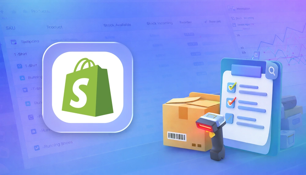 Illustration of ecommerce inventory management with shipping box, barcode scanner, and checklist interface on a blue gradient background.