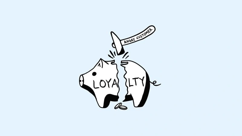 A drawing of a piggy bank with loyalty written on it, being destroyed by a hammer