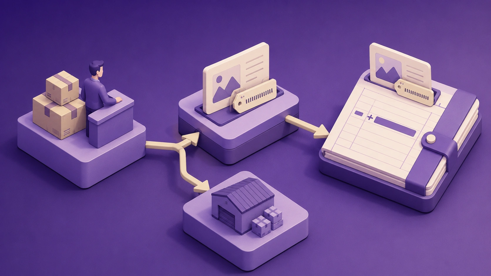 Isometric illustration of a B2B return claim moving from a dealer into Business Central as a credit memo