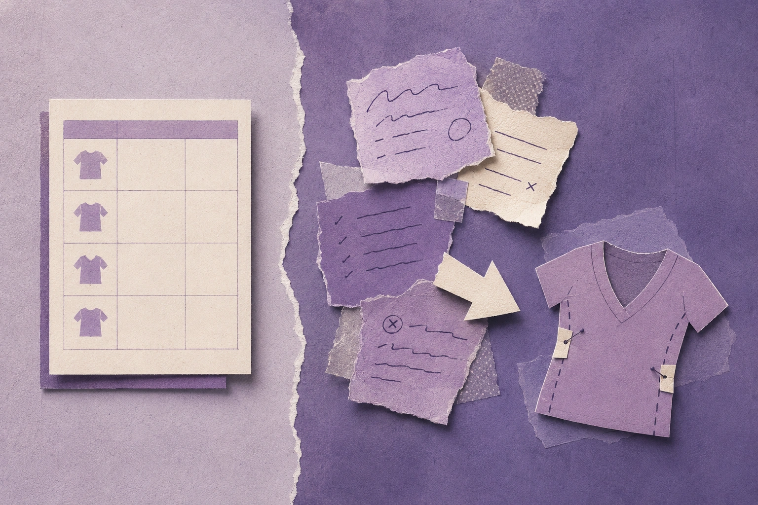 Editorial collage of a size chart beside return-reason notes pointing to a fit correction