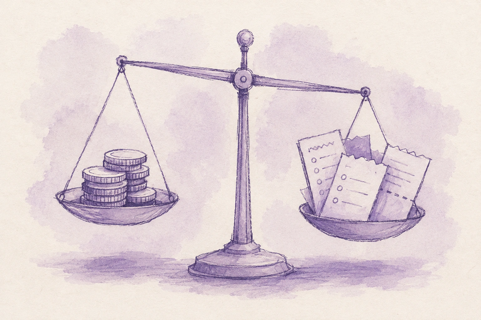 Hand-drawn sketch weighing attach-rate revenue against claim-cost exposure on a simple scale
