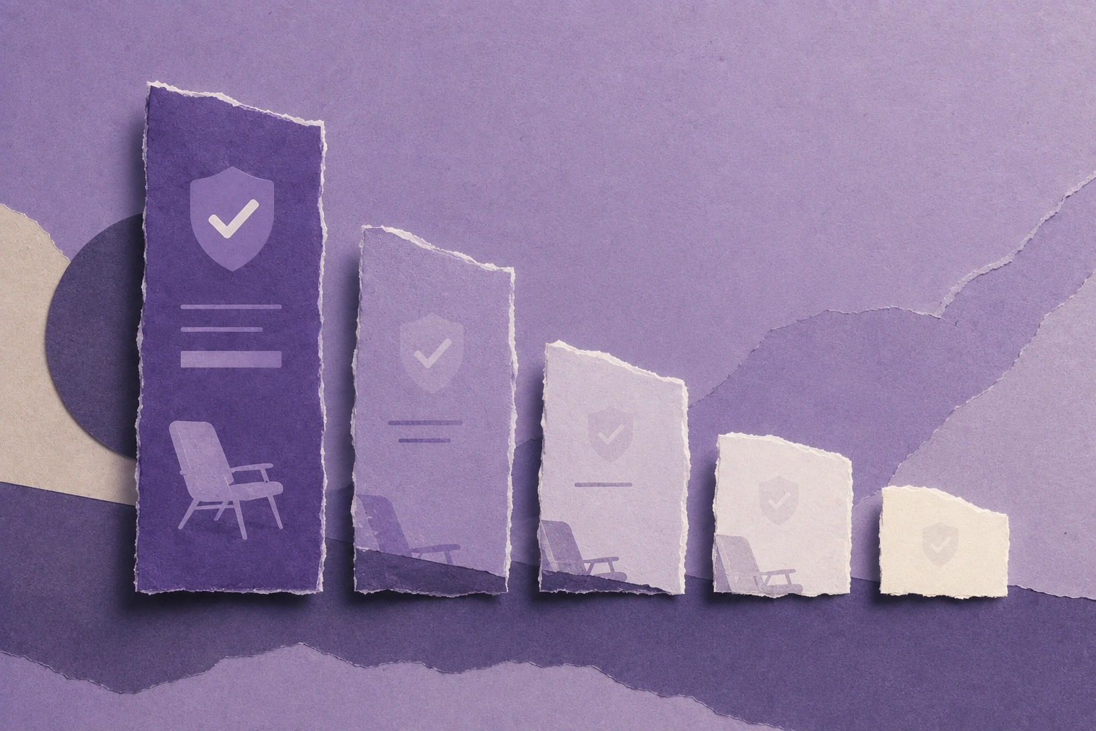 Editorial collage in soft purple showing a warranty promise value declining across clipped paper year blocks