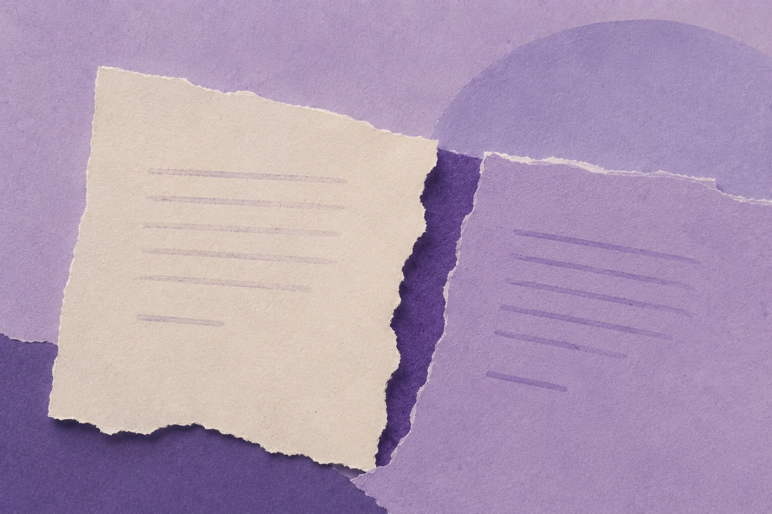 Editorial collage in soft purple showing a warranty promise document and a claim meeting at an asymmetric seam