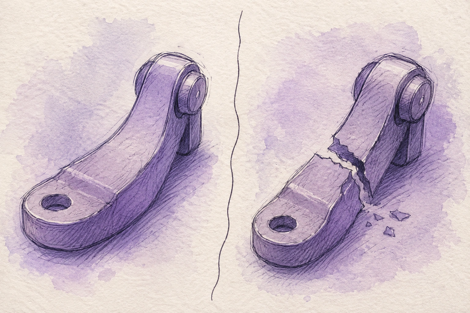 Sketch-style split illustration contrasting a worn product part with an early-failure defect on a purple wash background