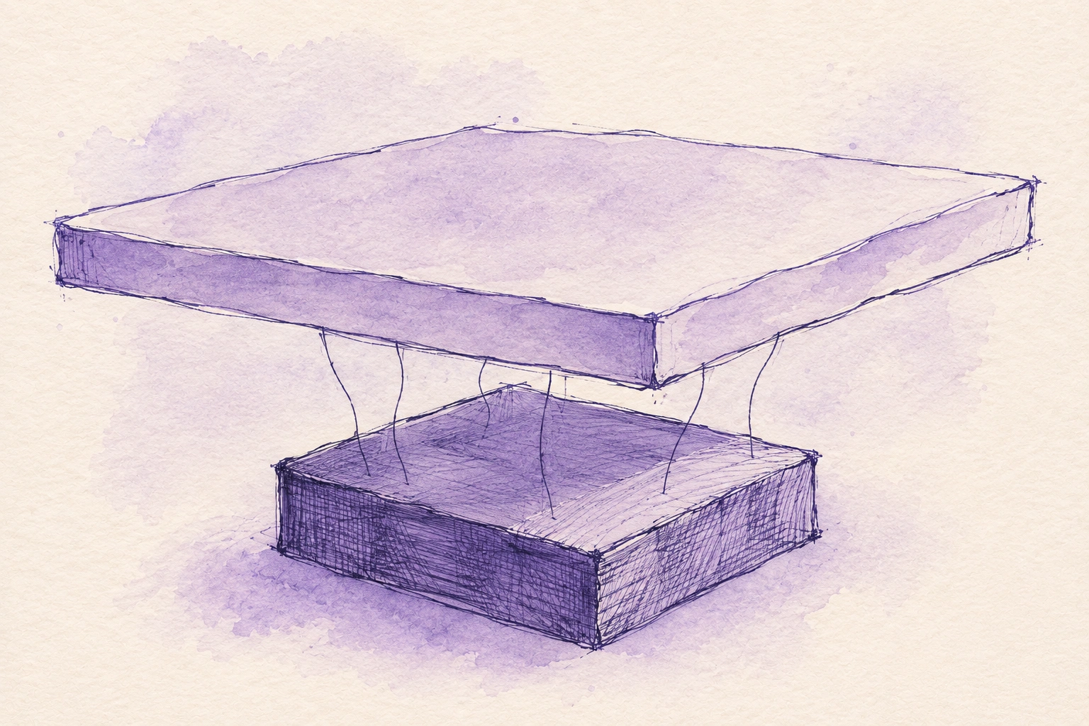 Hand-drawn sketch of a two-tier stack, a broad platform block above a specialist layer block, in loose purple line work