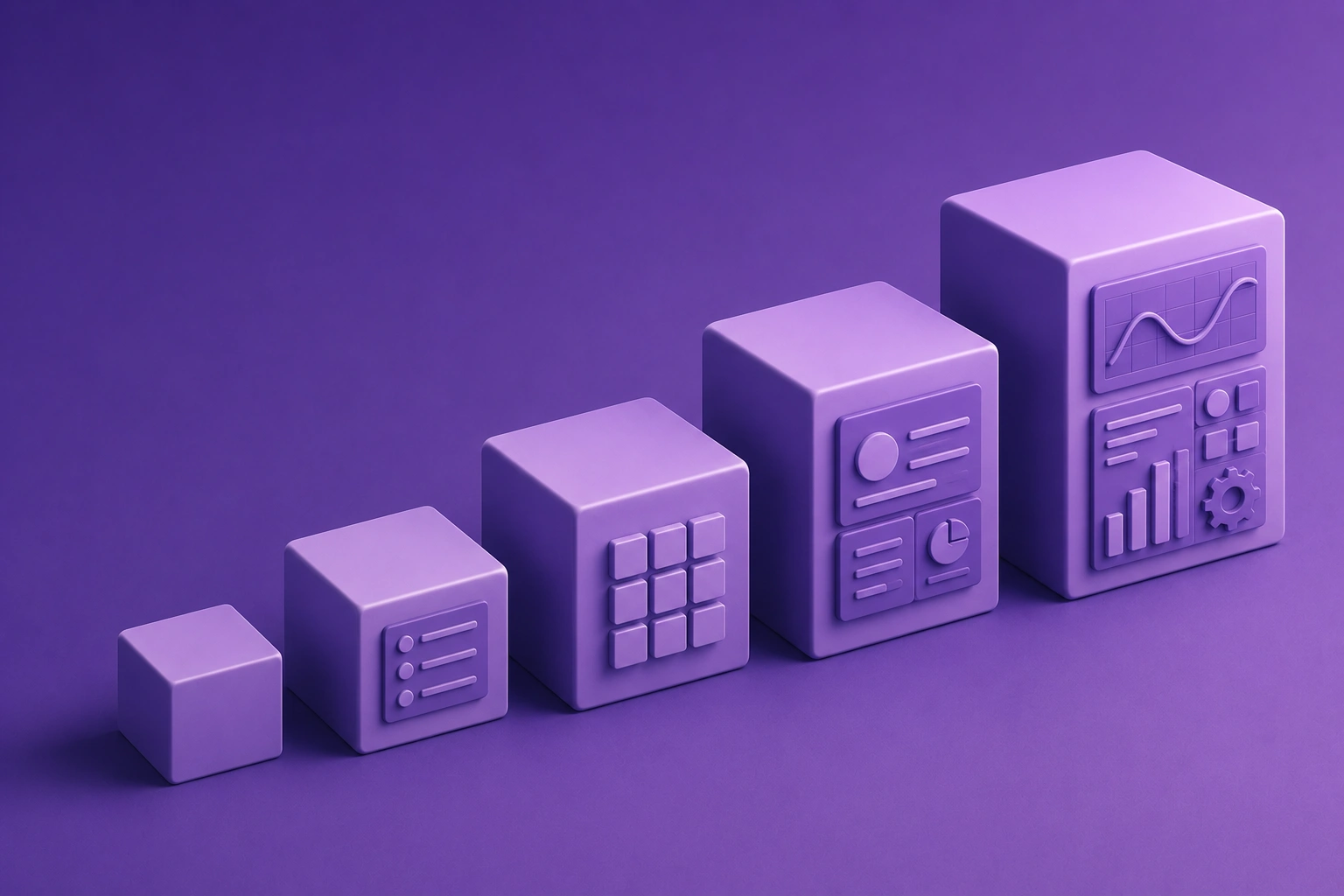 Isometric illustration of a five-step ladder of stacked modular blocks rising on a purple gradient