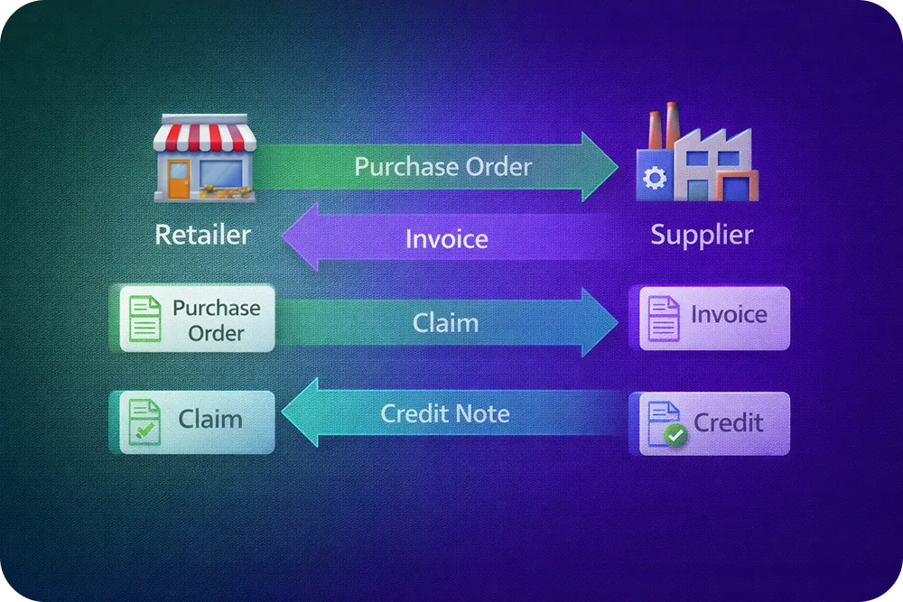 A side-by-side comparison card with arrows showing the direction of each document between retailer and supplier