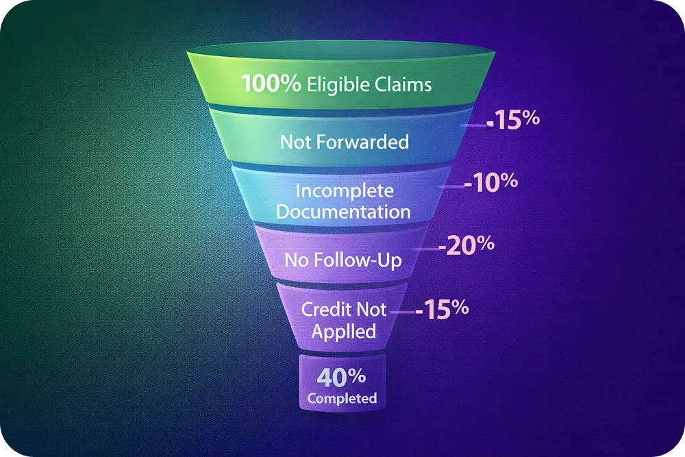 A funnel visualization showing 100% of eligible claims at the top, with percentage drop-offs at each failure point