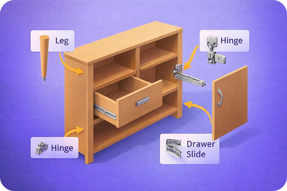 A product diagram showing a piece of furniture with arrows pointing to individual replaceable components