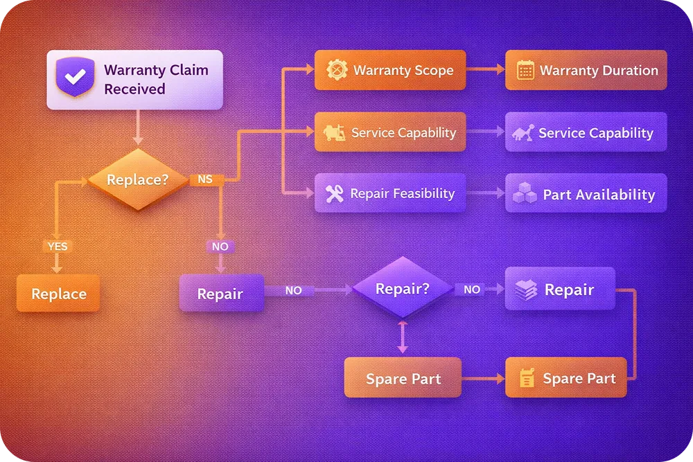 A flowchart starting with "Warranty Claim Received" and branching through the six factors to three outcomes: Replace, Repair,
