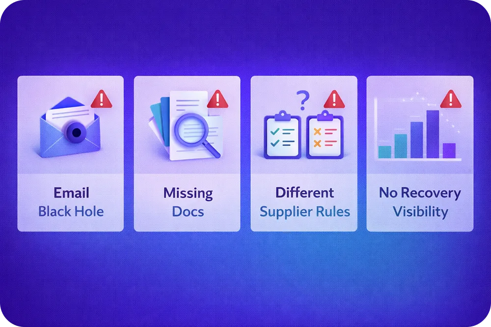 Four icon-card illustrations showing the four breakdown points (email black hole, missing docs, different supplier rules, no