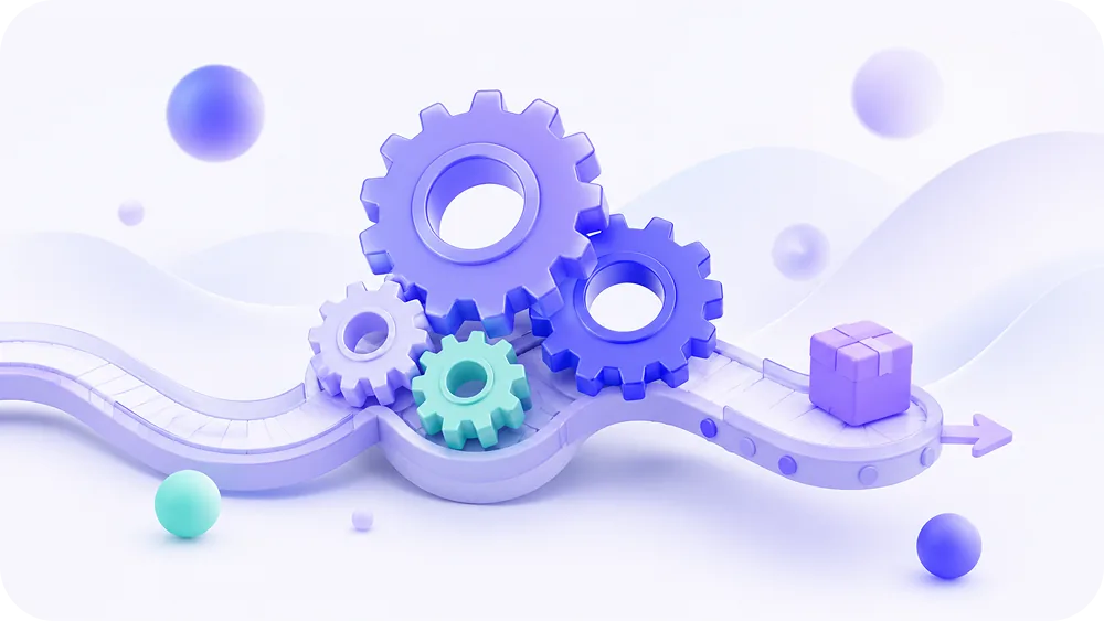 Modern 3D soft illustration of interlocking gears in motion connected by a smooth conveyor curve carrying a small box from on