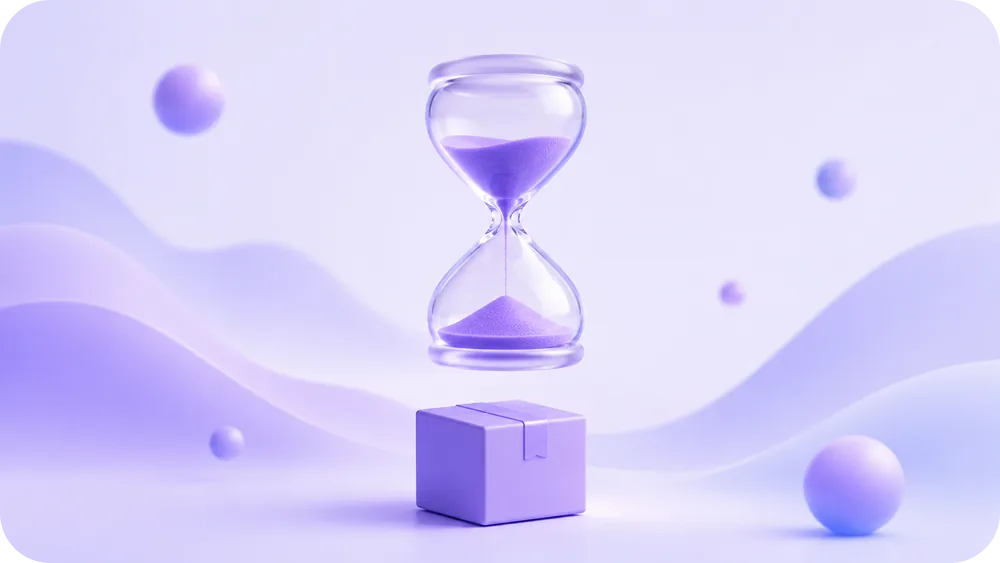 Modern 3D soft illustration of a smooth translucent hourglass with soft purple sand, floating slightly off-centre above a sma