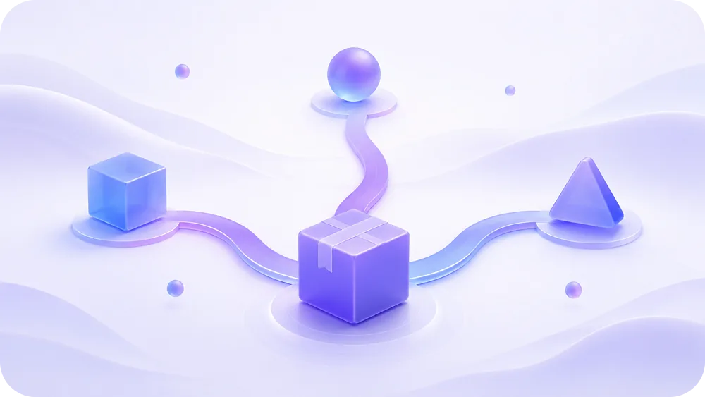 Modern 3D soft illustration of three flowing paths splitting from a single parcel and curving in different directions, each p