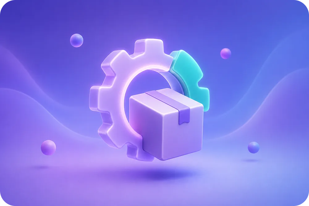 A 3D soft illustration of a glowing gear interlocking with a floating parcel, representing AI grading a returned unit, centre