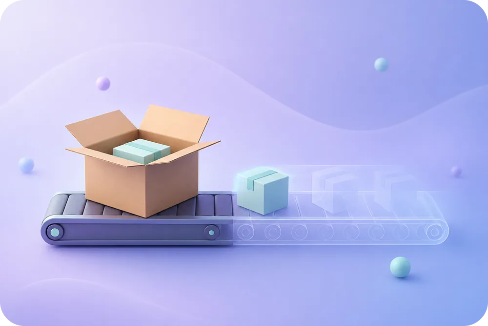 A 3D soft illustration of an open cardboard return box on a conveyor path that fades into a translucent section, showing a un