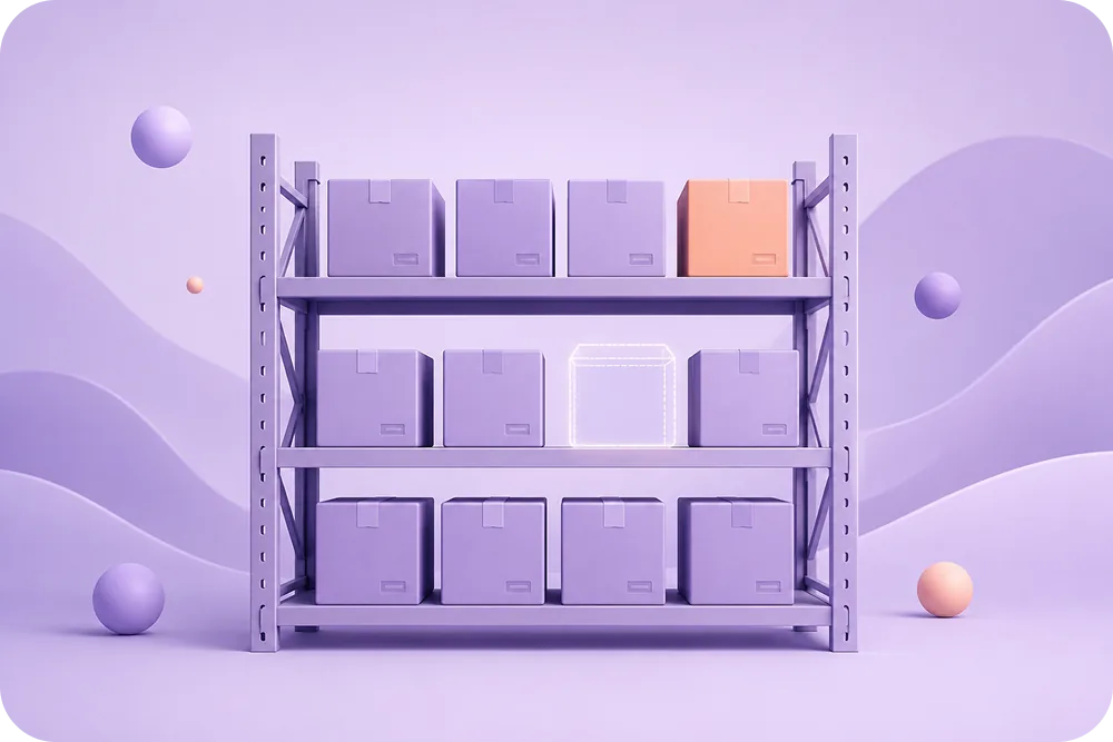 A 3D soft illustration of a warehouse shelf with several lavender boxes, one box rendered as a faint translucent outline to s