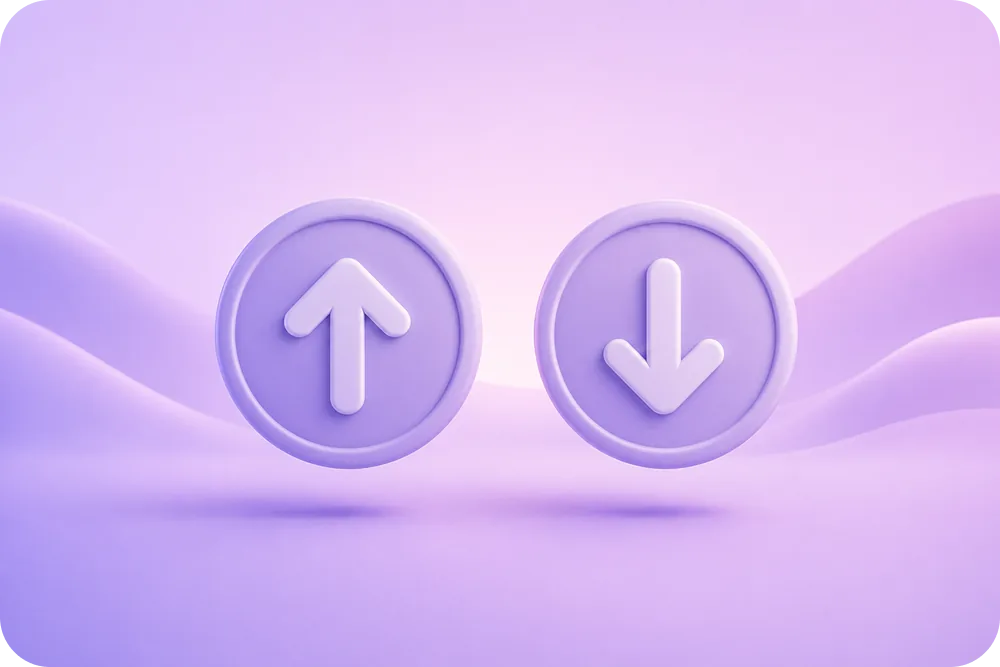 A 3D soft illustration of two side-by-side circular badges as abstract icons, one with an up arrow and one with a down arrow,