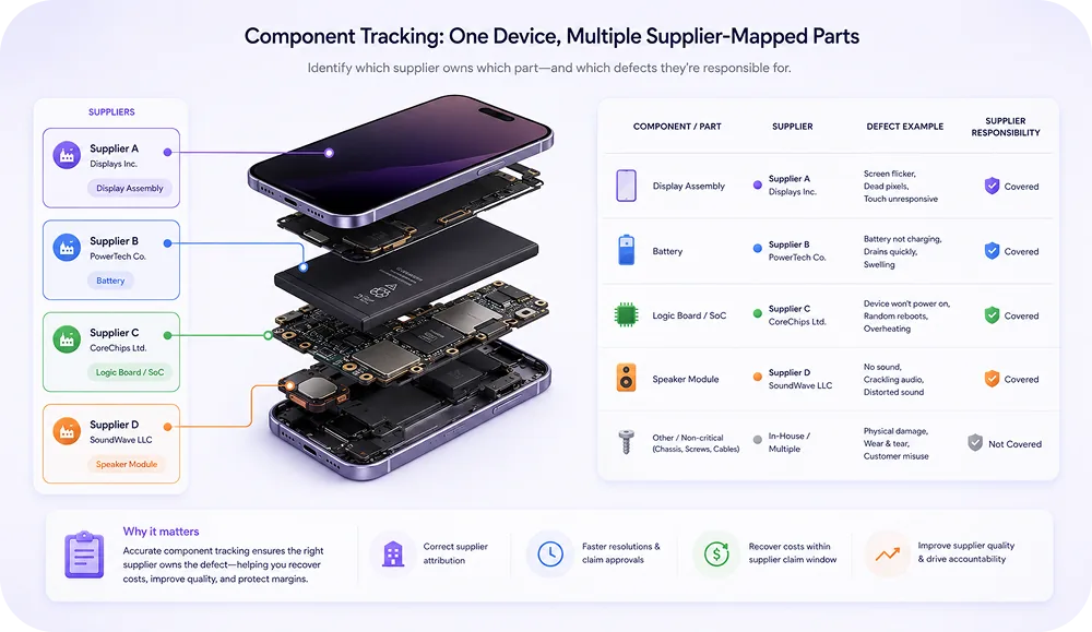Component tracking diagram showing one device with multiple supplier-mapped parts.