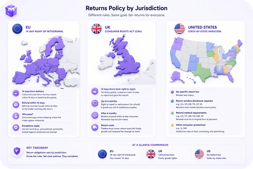 A jurisdiction map highlighting EU 14-day, UK CRA, US state-by-state