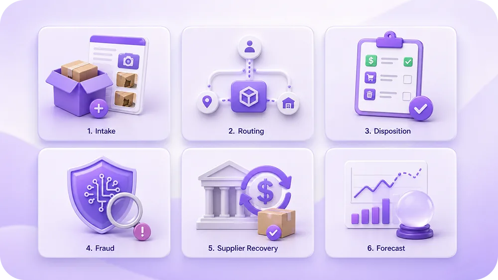 Six-tile grid laying out the six use cases (intake, routing, disposition, fraud, supplier recovery, forecast)