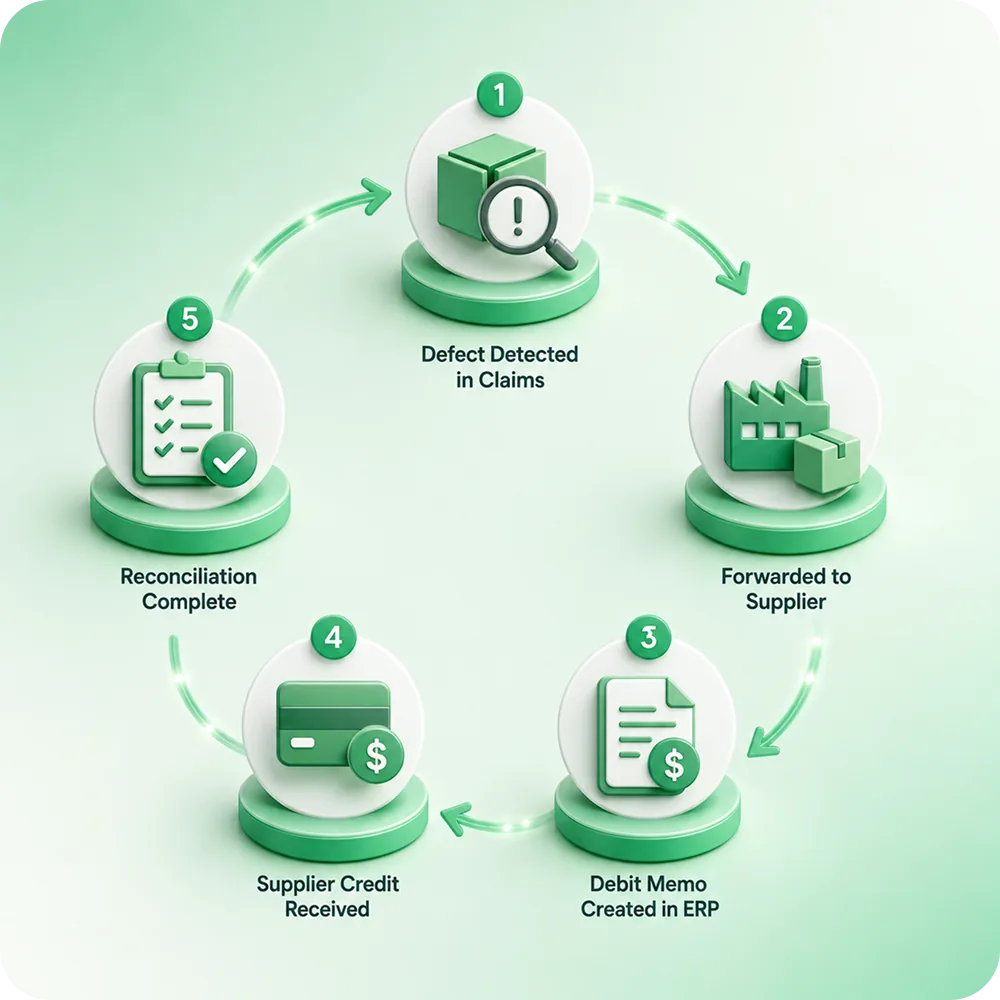 Circular flow diagram: Defect detected in claims → Forwarded to supplier → Debit memo created in ERP → Supplier credit receiv
