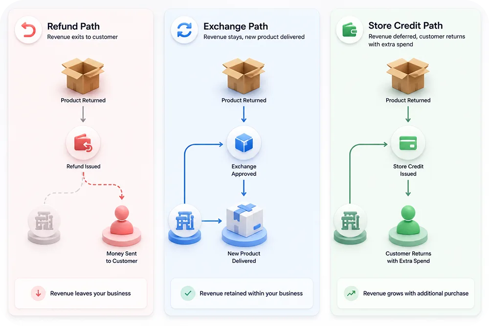 Side-by-side revenue flow diagrams: Refund path (money exits to customer), Exchange path (money stays, new product delivered)