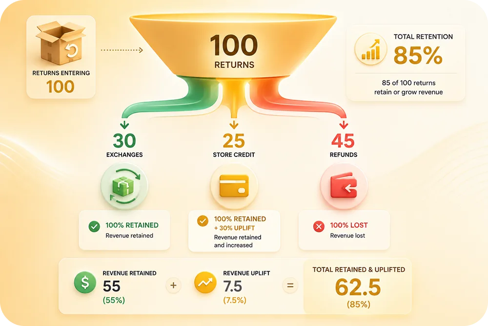 Funnel showing 100 returns entering, splitting into: 30 exchanges (100% retained), 25 store credit (100% retained + 30% uplif