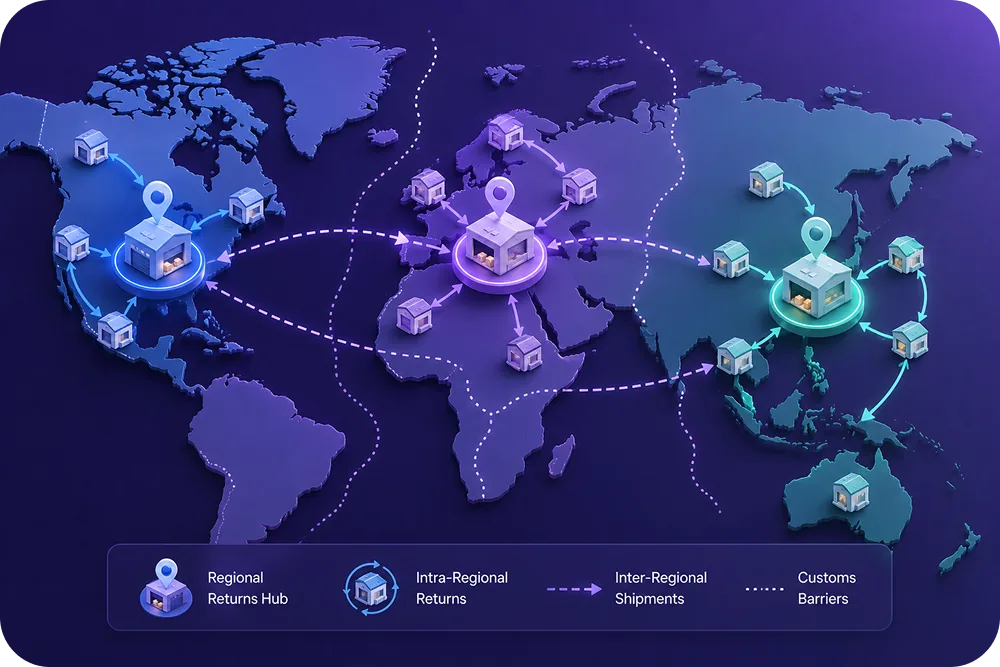 World map illustration showing three regional returns hubs (North America, Europe, APAC) with arrows showing intra-regional r