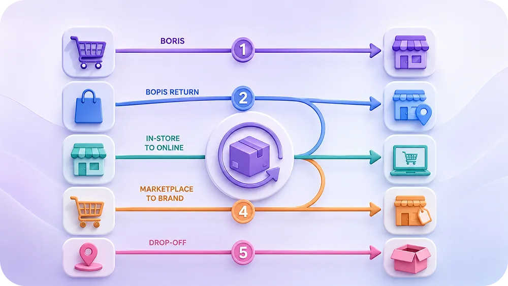 Diagram showing 5 return flow paths (BORIS, BOPIS return, in-store to online, marketplace to brand, drop-off) as color-coded