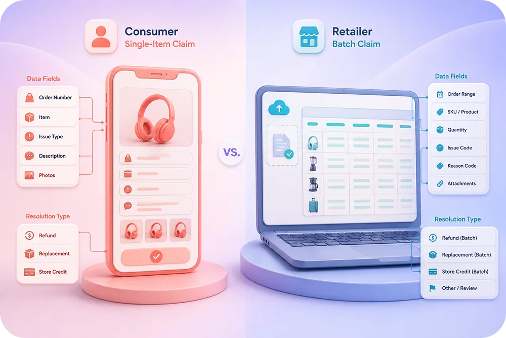 Side-by-side comparison infographic showing a consumer submitting a single-item claim through a phone vs. a retailer submitti
