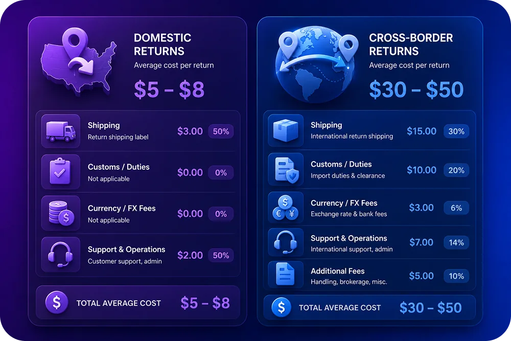Side-by-side cards showing domestic ($5-8) vs cross-border ($30-50) return costs broken into shipping, customs, currency, and