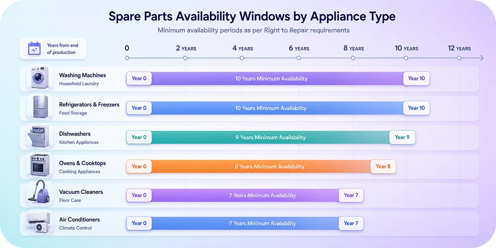 A horizontal timeline infographic showing spare parts availability windows by appliance type