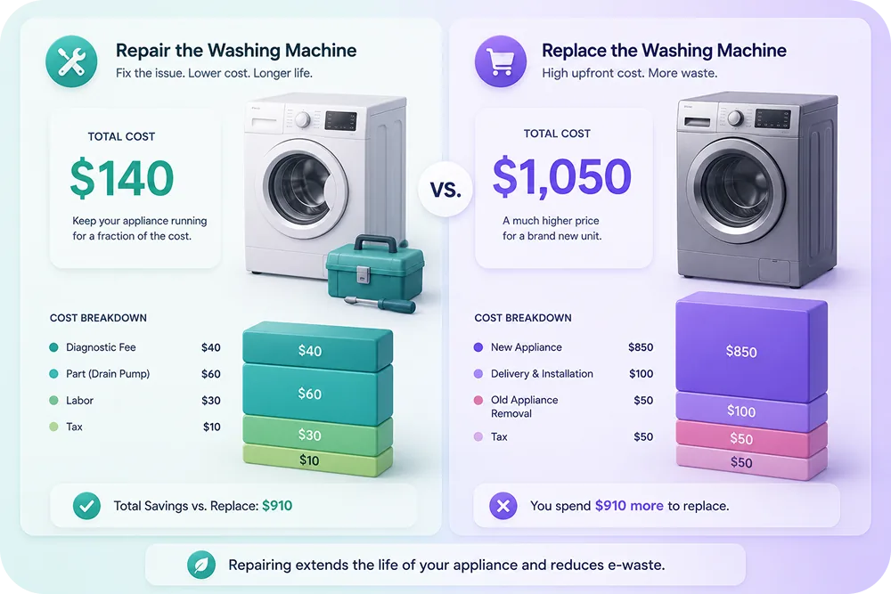 A split-screen comparison graphic showing the two scenarios (repair at $140 vs. replace at $1,050) with stacked cost bars.