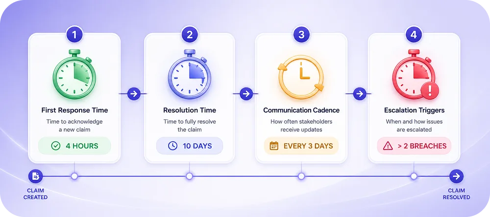 A visual breakdown showing the four SLA components (First Response Time, Resolution Time, Communication Cadence, Escalation T