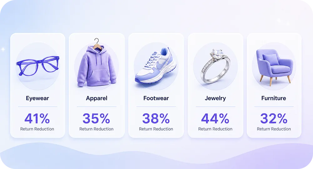 A 5-column icon grid showing each category (Eyewear, Apparel, Footwear, Jewelry, Furniture) with return reduction percentages
