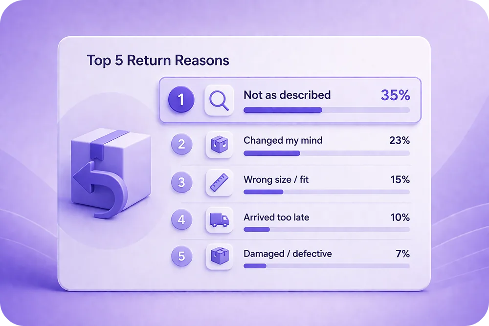 An infographic showing the top 5 return reasons with "not as described" highlighted, alongside percentage bars