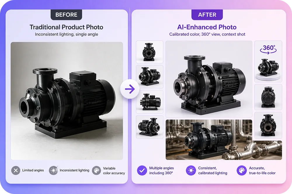 A before/after split image comparison showing: left side = traditional product photo (inconsistent lighting, single angle), r
