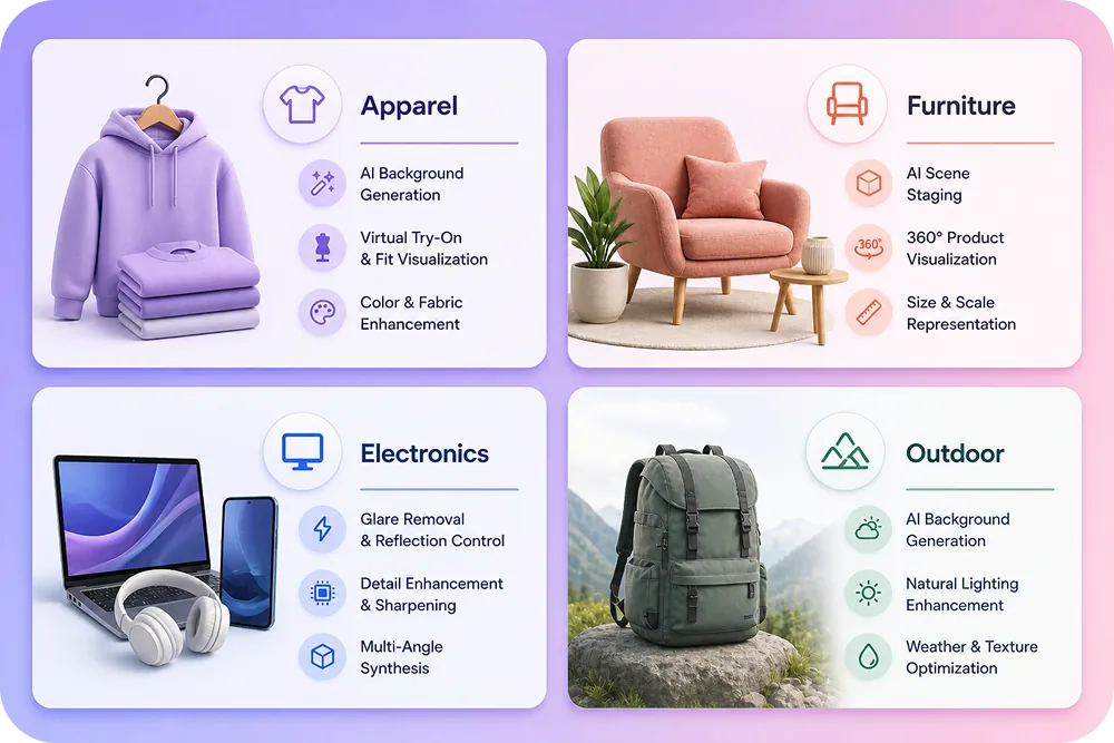 A 4-panel card grid showing each category (Apparel, Furniture, Electronics, Outdoor)