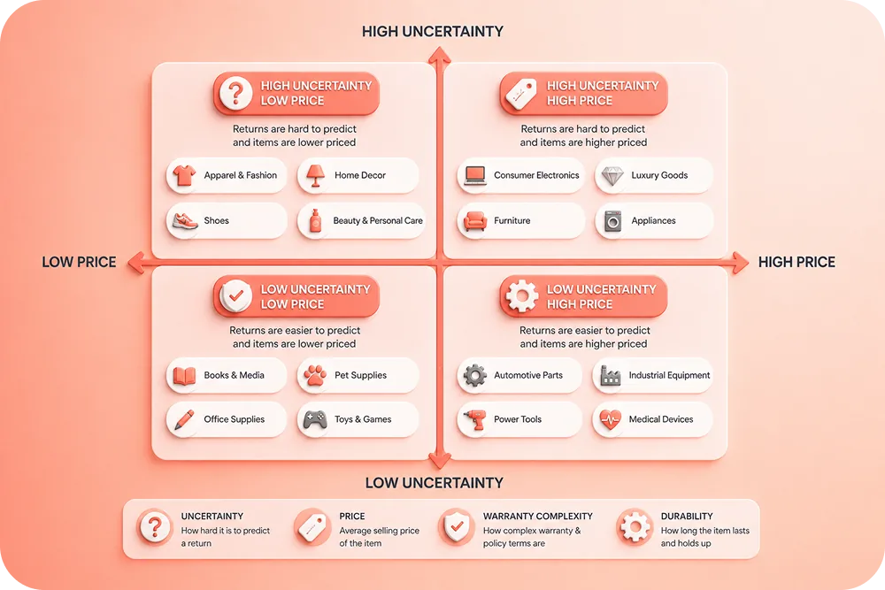 Four-quadrant diagram showing the four factors (uncertainty, price, warranty complexity, durability)