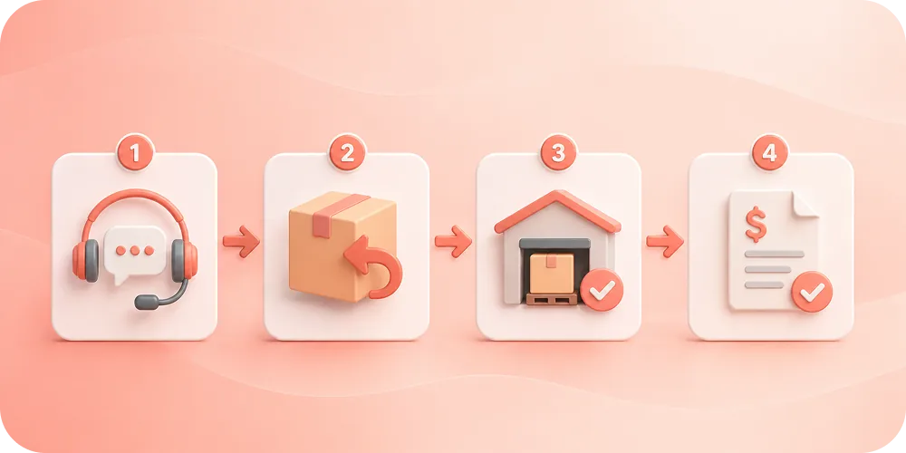 A horizontal 4-step process flow showing Customer Contact → Return Order → Warehouse Receipt → Credit Memo