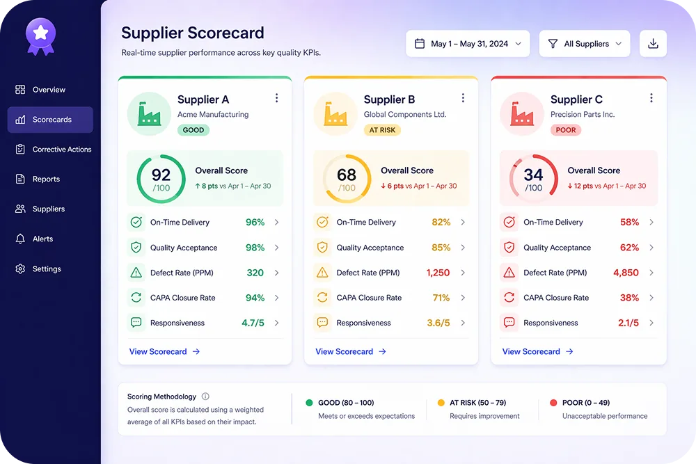 A mock scorecard dashboard with three supplier cards showing Green, Yellow, and Red status with sample KPI metrics.