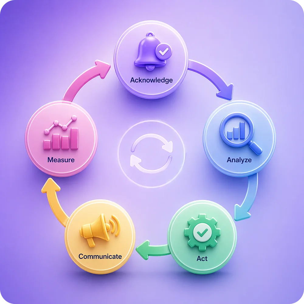 Circular flow showing Acknowledge > Analyze > Act > Communicate > Measure
