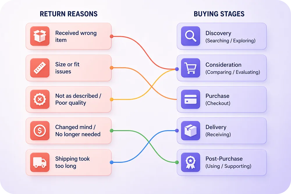 Two-column diagram. Left column: return reasons. Right column: buying stages