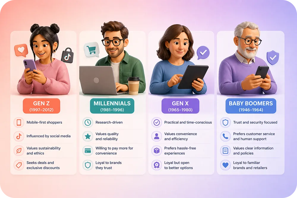 Four illustrated personas side by side with key shopping traits listed below each